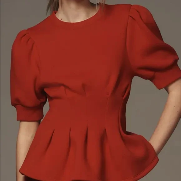 NWT ANTHROPOLOGIE Maeve Puff Sleeve Pleated-Waist Peplum Top SIZE S - Picture 3 of 6